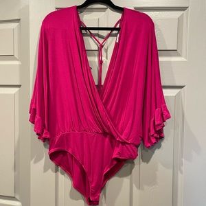 Hot Pink, Flowy Sleeve, Wrap Top Bodysuit
